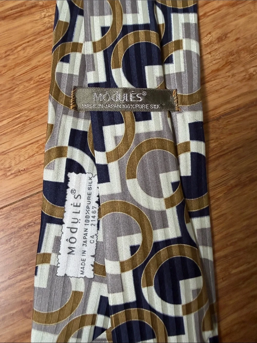 (13t) modules Made in Japan 100% Pure Silk Mod Geo Circle Navy Taupe Vintage